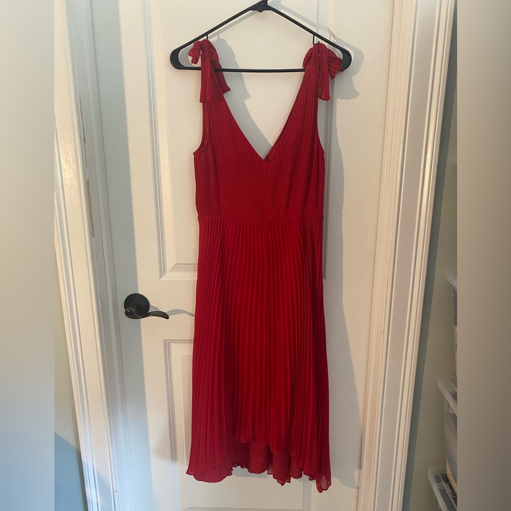 NWT Club Monaco Red Pleated Midi Dress with Tie-Strap Shoulders